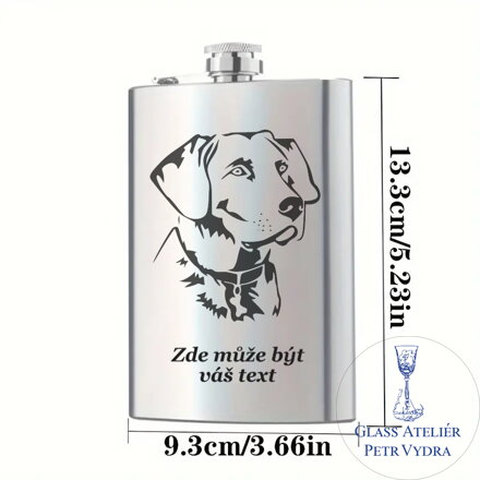 Flachmann mit Hundekopf mit Text - Metallgravur