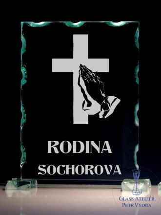 Vzor 7 - Skleněný stojánek do urnové schránky ( kolumbária ) s obrázkem kříže a rukou a nápisem