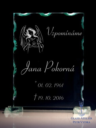 Vzor 29- Skleněný stojánek do urnové schránky ( kolumbária ) s obrázkem anděla a nápisem