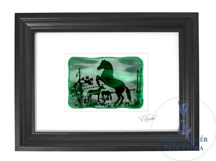 Kone - zelené vitrážové sklo v čiernom ráme 21 x 30 cm ( pasparta 13 x 18 cm )