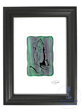 Modlíci ruky - zelené vitrážové sklo v čiernom ráme 21 x 30 cm ( pasparta 13 x 18 cm )