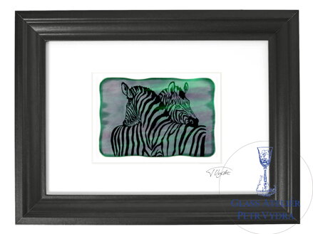 Zebra - zelené vitrážové sklo v čiernom ráme 21 x 30 cm ( pasparta 13 x 18 cm )