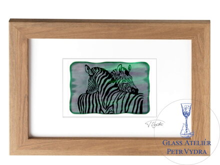 Zebra - zelené vitrážové sklo v hnedom ráme 21 x 30 cm ( pasparta 13 x 18 cm )