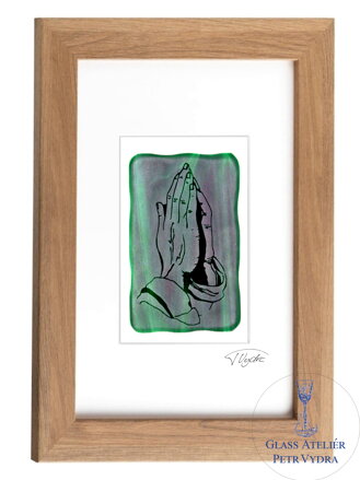 Modliace ruky - zelené vitrážové sklo v hnedom ráme 21 x 30 cm ( pasparta 13 x 18 cm )