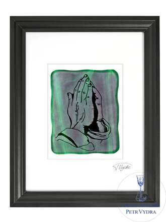 Modliace ruky - zelené vitrážové sklo v čiernom ráme 30 x 40 cm ( pasparta 21 x 30 cm )