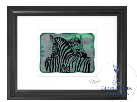Zebra - zelené vitrážové sklo v čiernom ráme 30 x 40 cm ( pasparta 21 x 30 cm )