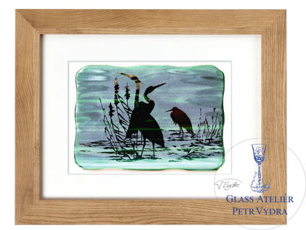 Volavka  - zelené vitrážové sklo v černém rámu 30 x 40 cm ( pasparta 21 x 30 cm ) Volavka  - zelené vitrážové sklo v černém rámu 30 x 40 cm ( pasparta 21 x 30 cm )