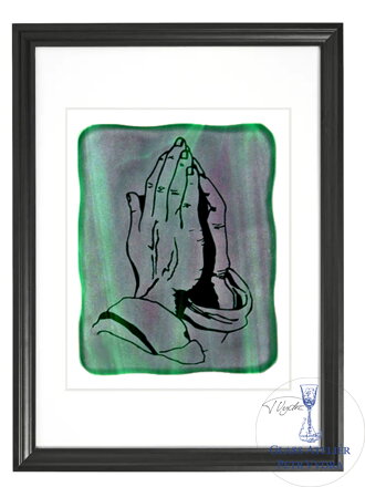 Modlící ruce - zelené vitrážové sklo v černém rámu 50 x 70 cm ( pasparta 40 x 50 cm )