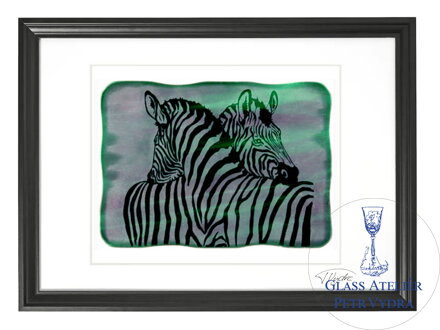 Zebra - zelené vitrážové sklo v čiernom ráme 50 x 70 cm ( pasparta 40 x 50 cm )