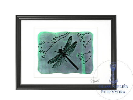 Vážka - zelené vitrážové sklo v černém rámu 50 x 70 cm ( pasparta 40 x 50 cm )