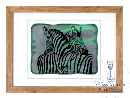 Zebra - zelené vitrážové sklo v hnedom ráme 50 x 70 cm ( pasparta 40 x 50 cm )