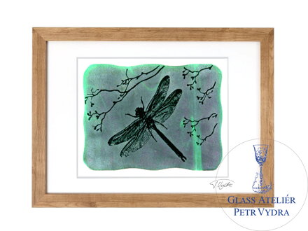 Vážka - zelené vitrážové sklo v hnedom ráme 50 x 70 cm ( pasparta 40 x 50 cm )