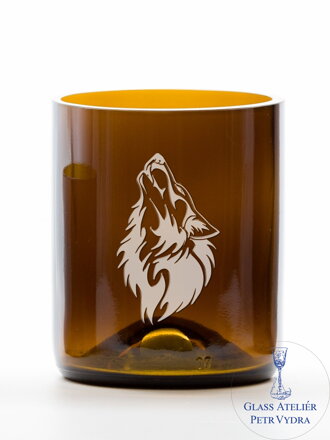2 St. Öko-Gläser (aus einer Bierflasche) klein braun (7 cm, 6,5 cm) Wolfsmotiv