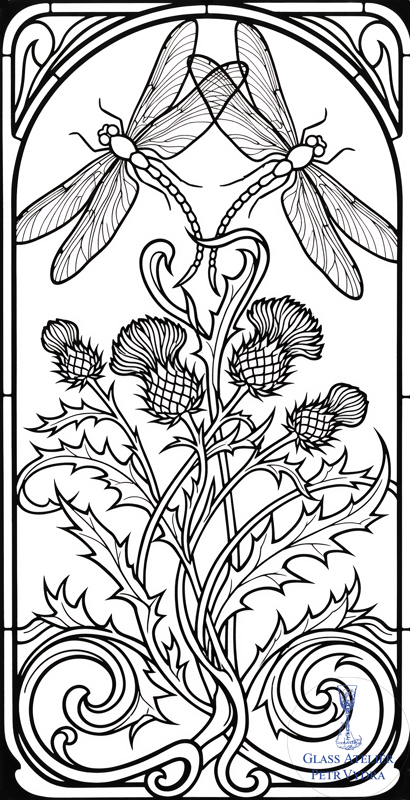 Dekorativní pískovaná tabule skla do okna, skříní nebo dveří ( Secesní motiv vážky a bodlák )