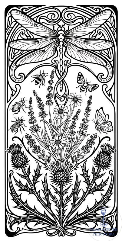 Dekorativní pískovaná tabule skla do okna, skříní nebo dveří (  Secesní vzor - bodlák, motýl, vážky a brouci )