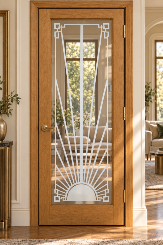 Dekorativní pískovaná tabule skla do okna, skříní nebo dveří ( Art deco 1 - Sunbeam )