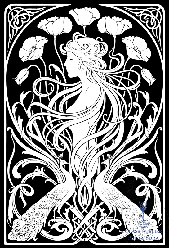 Dekorativní pískovaná tabule skla do okna, skříní nebo dveří ( ornamentální vzor s potrétem ženy a květiny č 20)