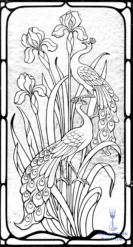 Dekorativní pískovaná tabule skla do okna, skříní nebo dveří ( ornamentální vzor secesní s pávi a květiny č 24)