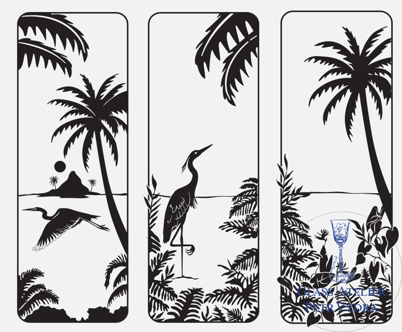 Dekorativní pískovaná tabule skla do okna, skříní nebo dveří ( volavka 3 panely )