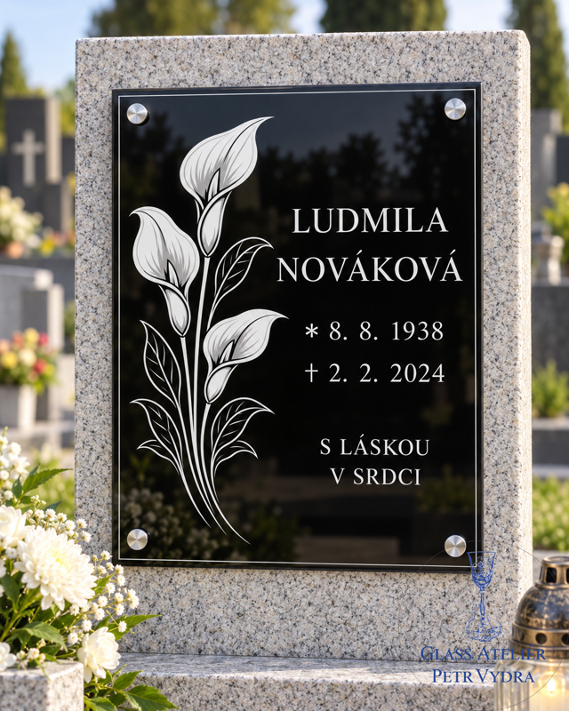 V 40. Černá náhrobní skleněná deska s obrázkem kytek kala