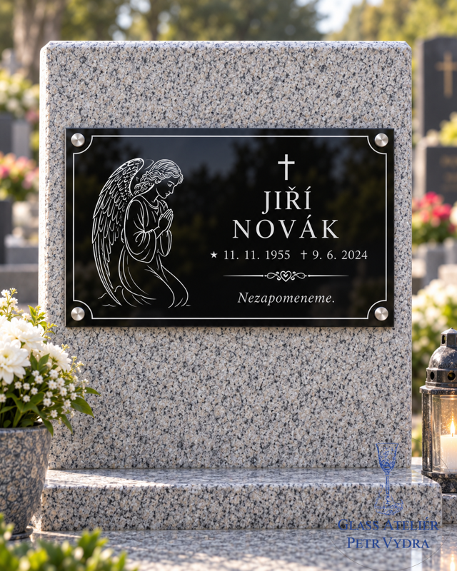 V 50. Černá náhrobní skleněná deska s obrázkem modlící se andílek, křížkem a nápisem