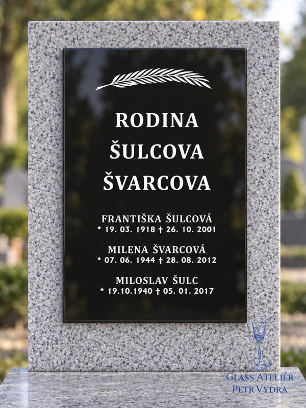 V5. Černá náhrobní skleněná deska s pírkem 