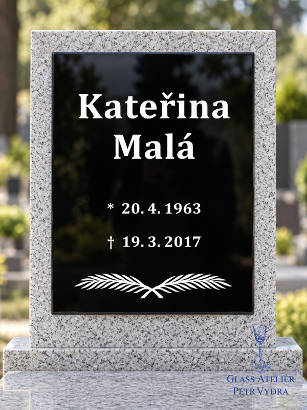 V6. Černá náhrobní skleněná deska s pírkem 