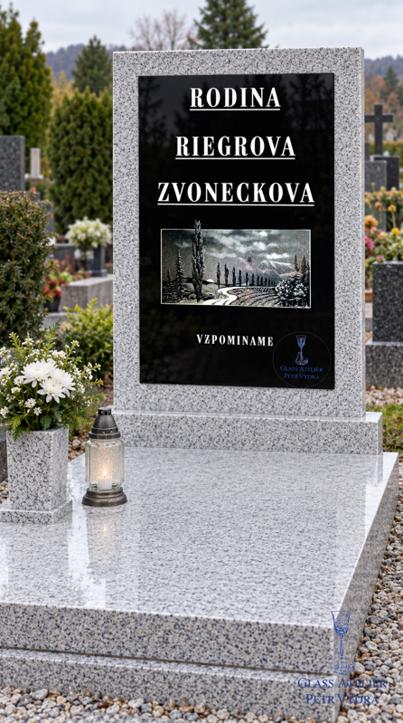VO. Černá náhrobní skleněná deska - rekonstrukce a oprava rozbitých černých desek  podle zachovalého původního vzoru