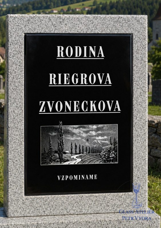 V19. Černá náhrobní skleněná deska s krajinou cesty a nápisem "RODINA"