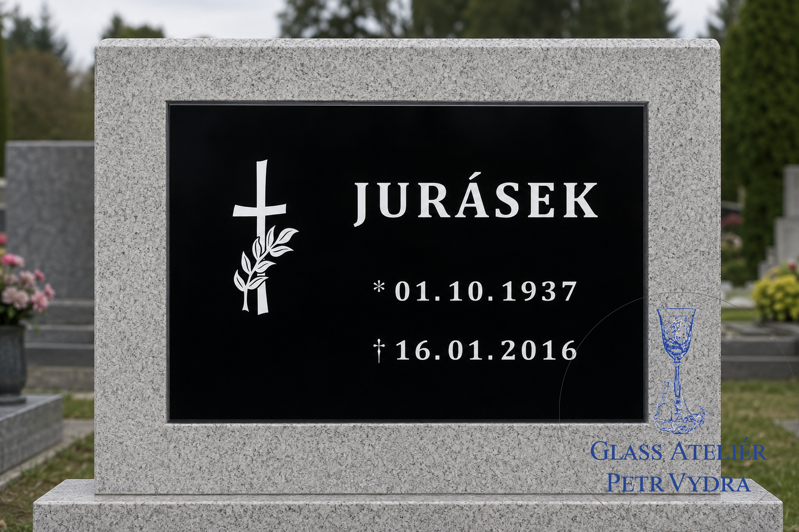 V27. Černá náhrobní skleněná deska křížkem s ratolestí a nápisem