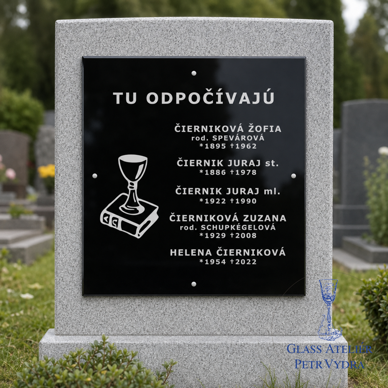 V28. Černá náhrobní skleněná deska s kalichem a nápisem