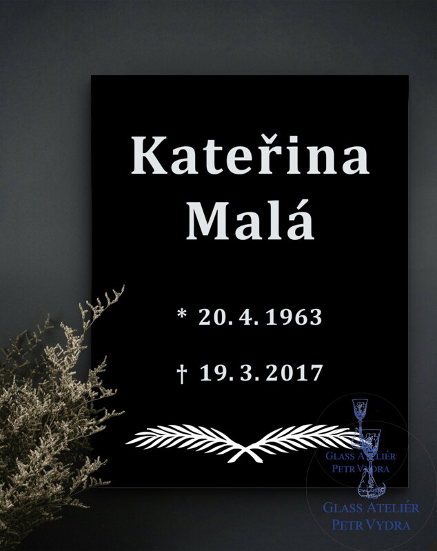 V6. Černá náhrobní skleněná deska s pírkem 