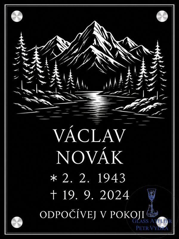 V 138. Černá náhrobní skleněná deska s obrázkem jezero a hory