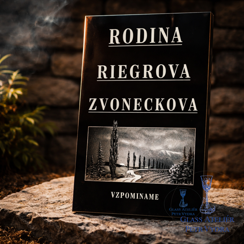 V19. Černá náhrobní skleněná deska s krajinou cesty a nápisem "RODINA"
