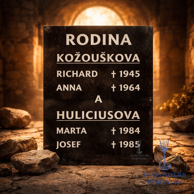 V25. Černá náhrobní skleněná deska s Rodina a nápisem jmen