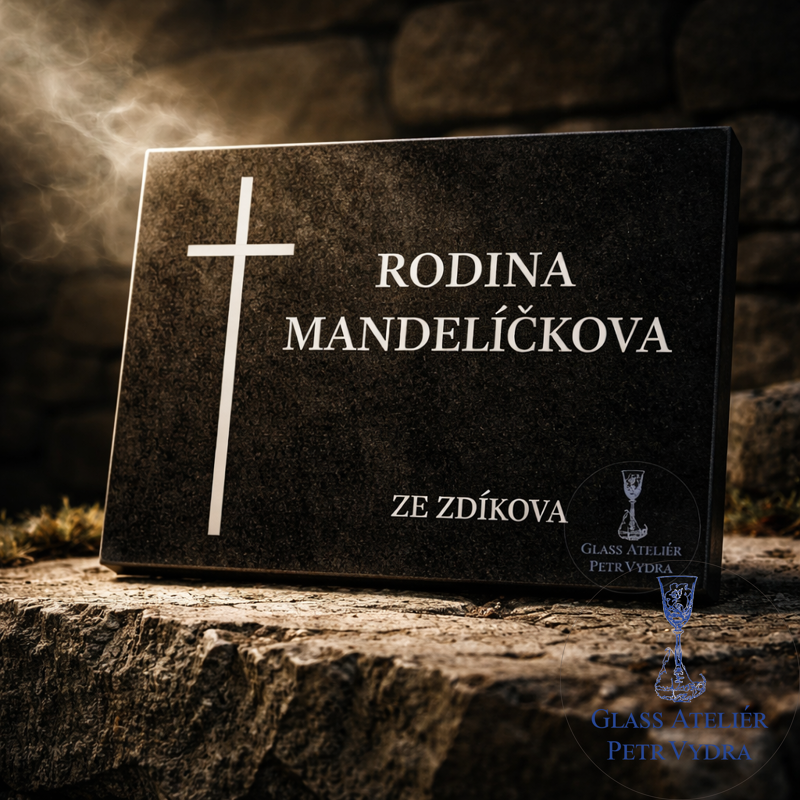V26. Černá náhrobní skleněná deska s jemným křížkem a nápisem