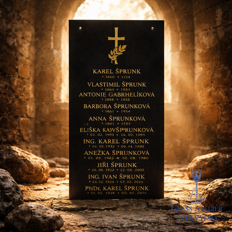 V35. Černá náhrobní skleněná deska s křížem a nápisy