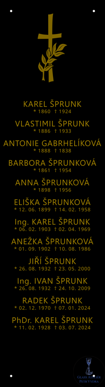 V35. Černá náhrobní skleněná deska s křížem a nápisy