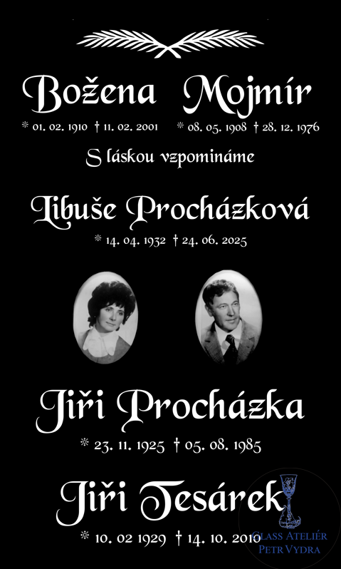 V34. Černá náhrobní skleněná deska s portréty, pírkem a nápisy