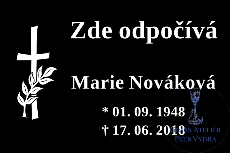 V18. Černá náhrobní skleněná deska s křížem a nápisem "Zde odpočívá" V18. Černá náhrobní skleněná deska s křížem a nápisem "Zde odpočívá"