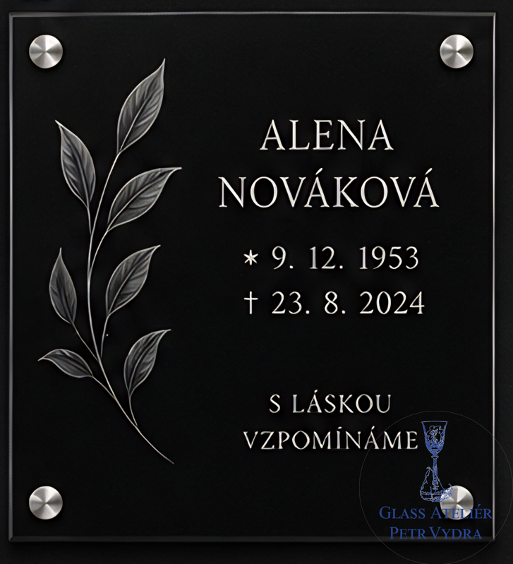 V 36. Černá náhrobní skleněná deska s obrázkem lístků a nápisem