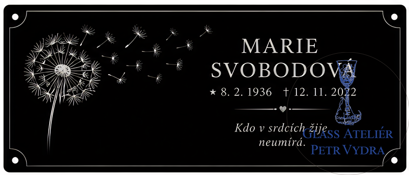 V 38. Černá náhrobní skleněná deska s nápisem a obrázkem pampelišky