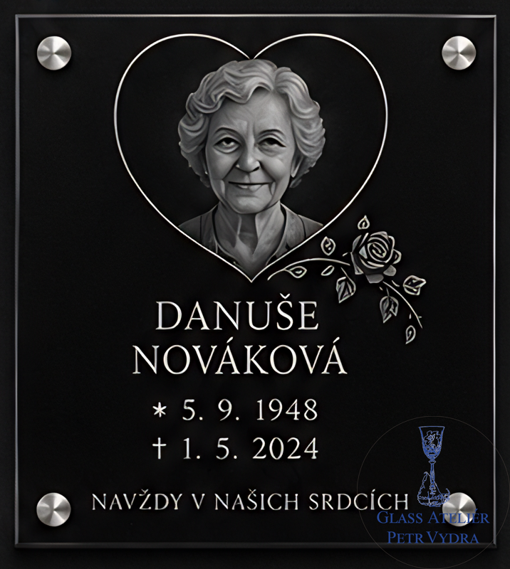 V 39. Černá náhrobní skleněná deska s portrétem