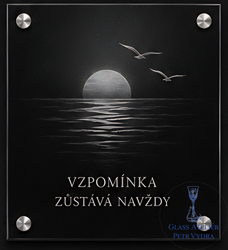 V 43. Černá náhrobní skleněná deska s obrázkem zapadajícího slunce na jezeře