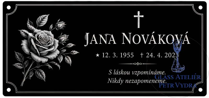 V 44. Černá náhrobní skleněná deska s růže, nápisem a křížkem