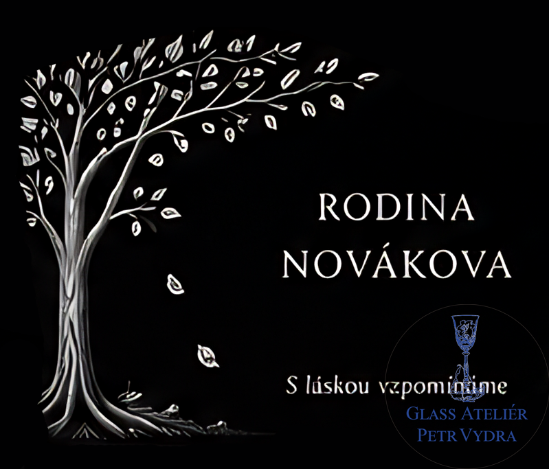 V 46. Černá náhrobní skleněná deska s nápisem, stromem a padajícím listím
