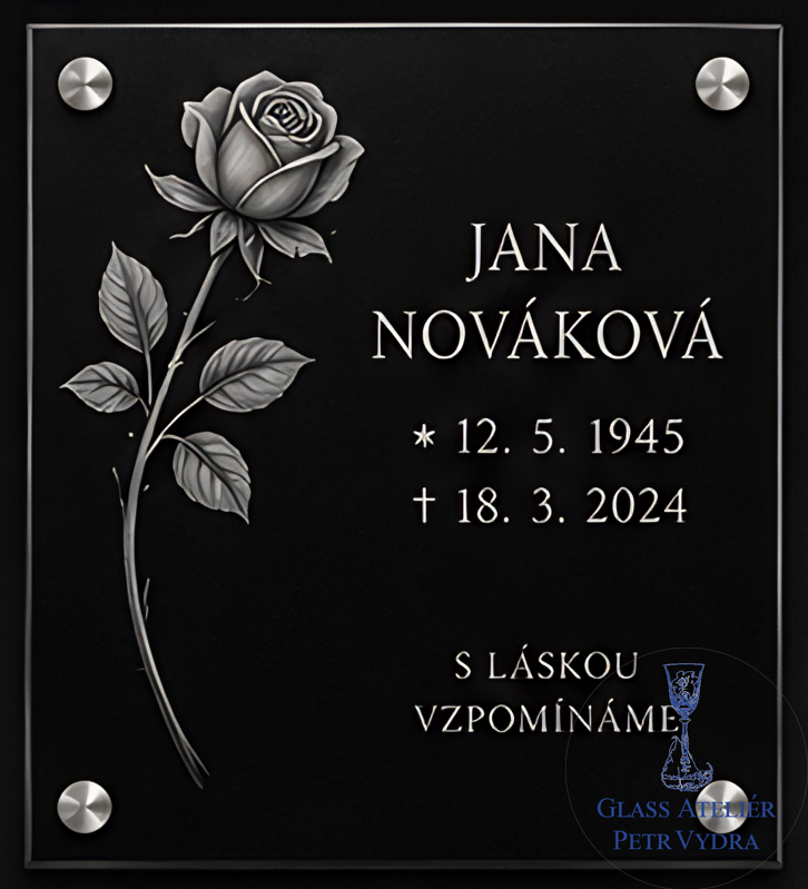 V 48. Černá náhrobní skleněná deska s obrázkem růžičky a nápisem
