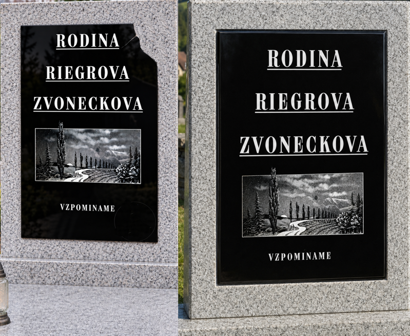 Černá náhrobní skleněná deska - rekonstrukce a oprava rozbitých černých desek  podle zachovalého původního vzoru