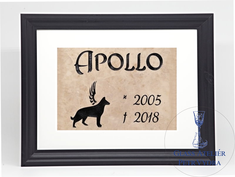 Pietní zvířecí pomníček - glazurovaná dlaždice v rámu 30 x 40 cm (pasparta 21 x 30 cm), silueta psa černá, nápis černý Pietní zvířecí pomníček - glazurovaná dlaždice v rámu 30 x 40 cm (pasparta 21 x 30 cm), silueta psa černá, nápis černý