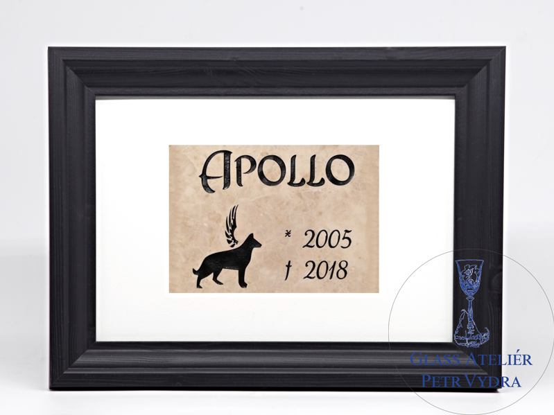 Pietní zvířecí pomníček - glazurovaná dlaždice v rámu 21 x 30 cm (pasparta 13 x 18 cm) silueta psa a nápis černý Pietní zvířecí pomníček - glazurovaná dlaždice v rámu 21 x 30 cm (pasparta 13 x 18 cm) silueta psa a nápis černý
